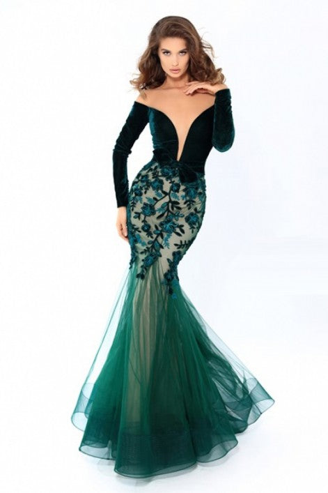 Tarik Ediz Off shoulder Emerald velvet dress