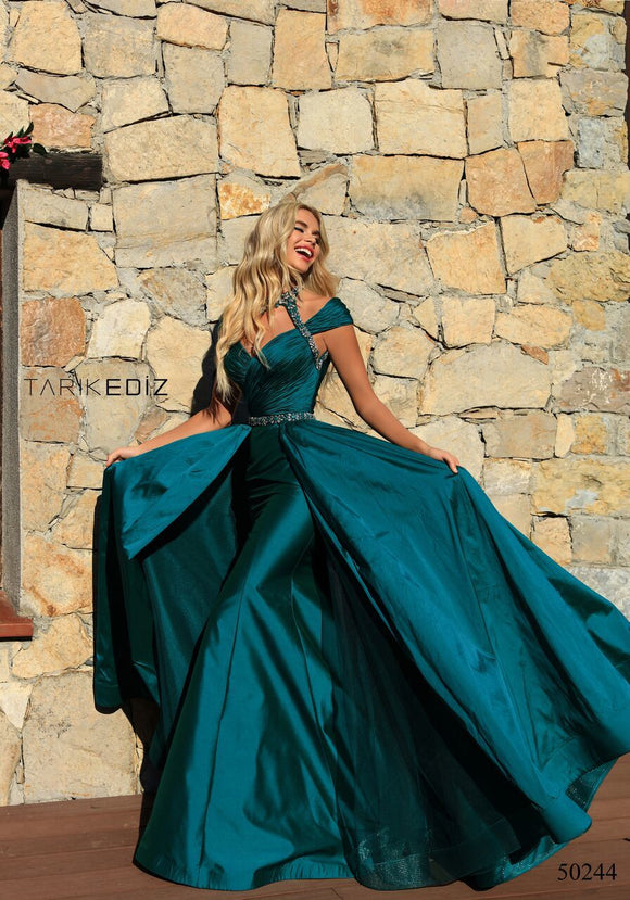 Tarik Ediz Emerald Fishtail Embellished Maxi Gown